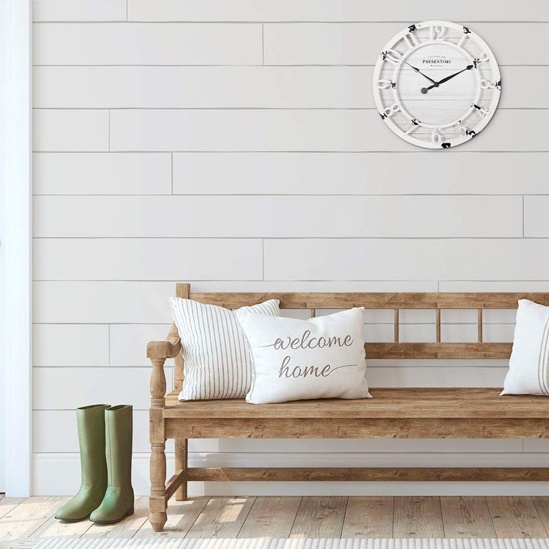 Presentime & Co 10" Farmhouse Series Wall Clock, Shiplap Style, Raised 3D Arabic Numeral, Antique Distressed White - Image 4